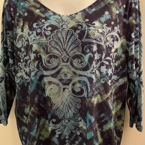 Jane Ashley Blue and Green 3/4 Sleeve Top